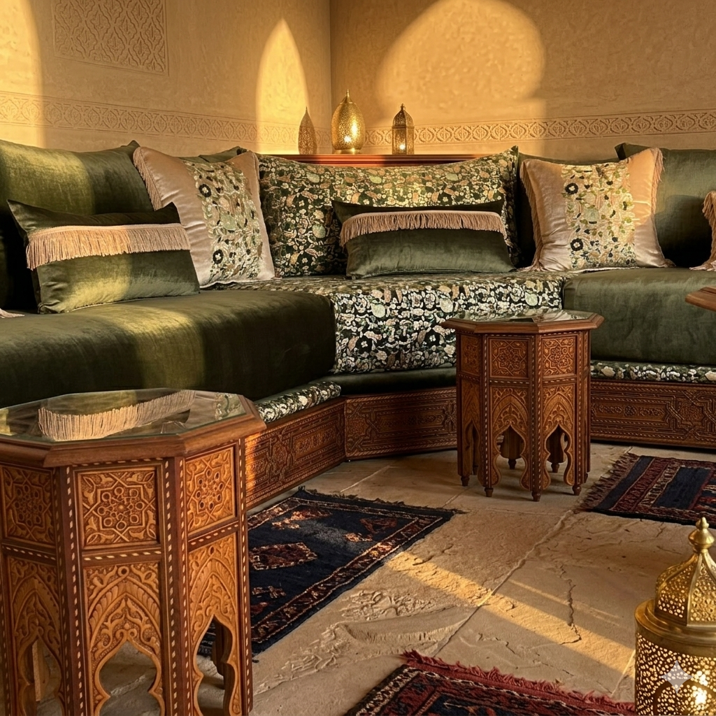 Salon marocain velours vert brodé