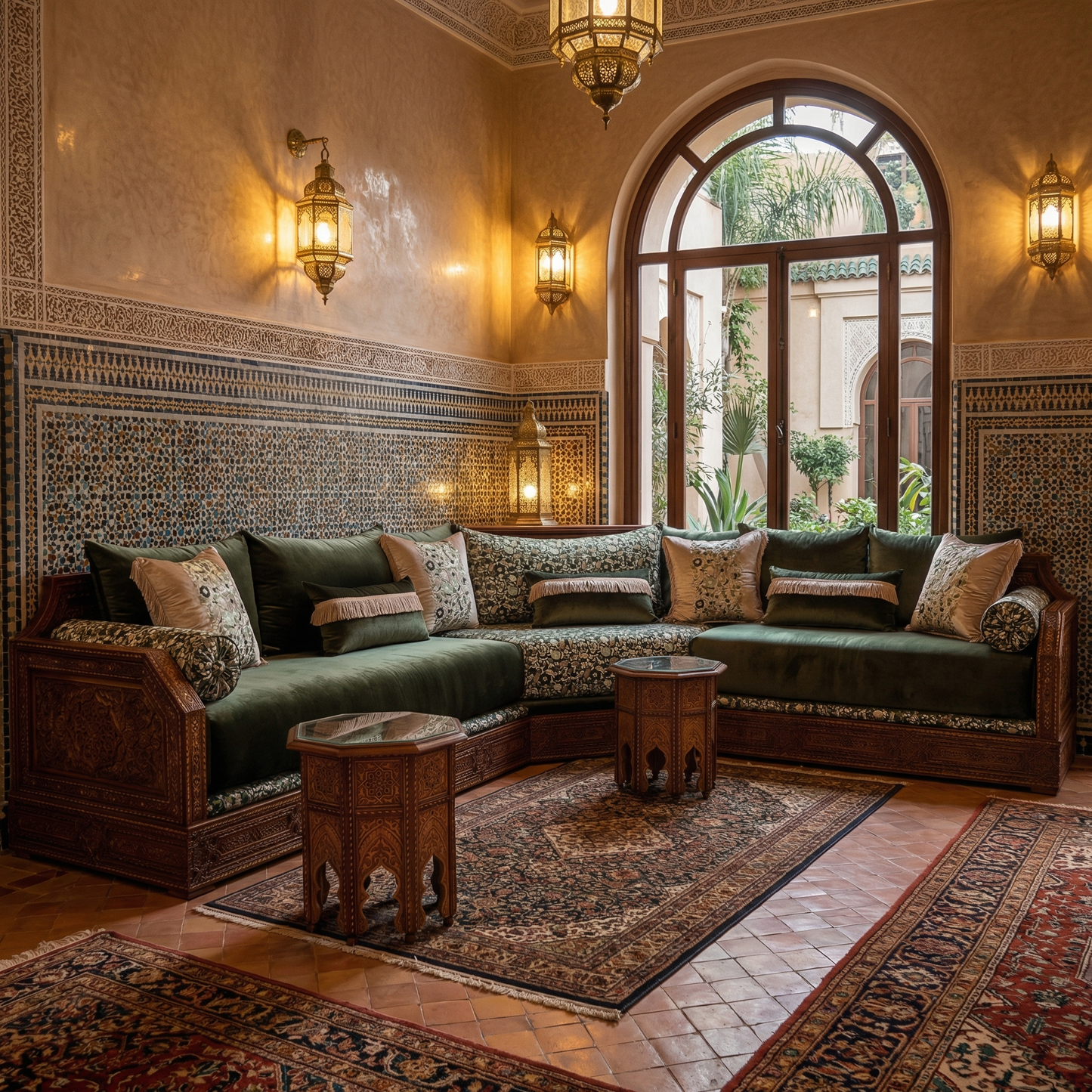 Salon marocain velours vert brodé